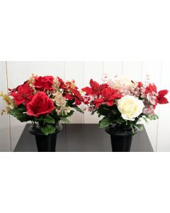 2 x Artificial Poinsettia, Rose and Eucalyptus Grave Pots