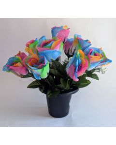 Artificial Rainbow Harelquin Rose Grave Pot